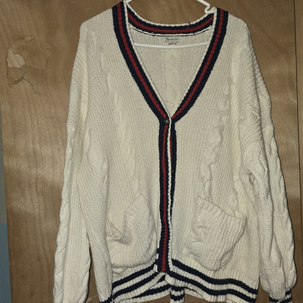 American Eagle Outfitters Cream Cardigan with Navy and Red Trim